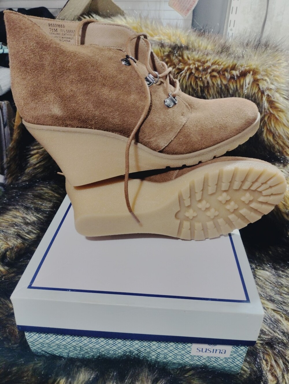 Susina Women's Suede Wedge Ankle Boots in Tan